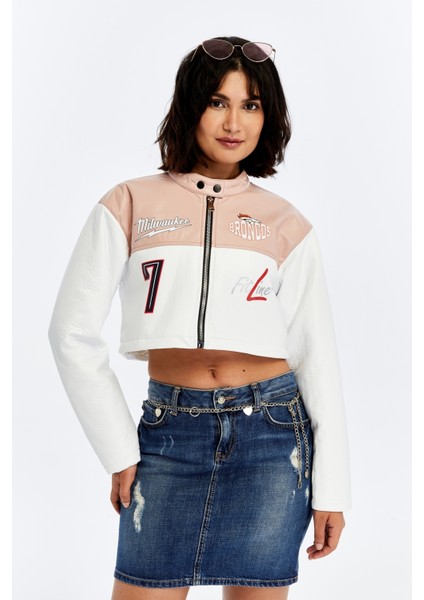 Kadın Puf Deri Ceket Garnili Crop Mont Niş Tasarım Özgün Günlük Baskılı Rahat Kullanım Ceket