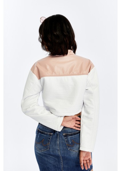 Kadın Puf Deri Ceket Garnili Crop Mont Niş Tasarım Özgün Günlük Baskılı Rahat Kullanım Ceket