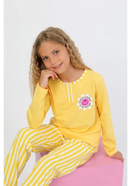 Kız Çocuk Uzun Kollu %100 Pamuklu Düğme Detaylı Pijama Takımı Alright