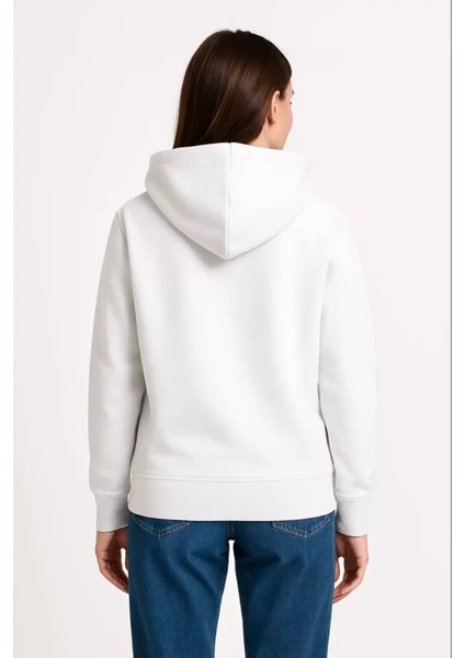 Kadın Üç Iplik Kapüşonlu Kanguru Çepli Sweatshirt Hoodie - Beyaz fırsatları