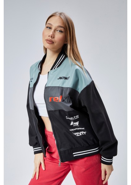 Kadın Oversize Baskılı Motorcu Yarışçı Montu Kolej Ceketi