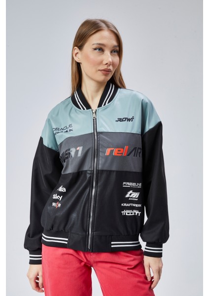 Kadın Oversize Baskılı Motorcu Yarışçı Montu Kolej Ceketi fiyatları