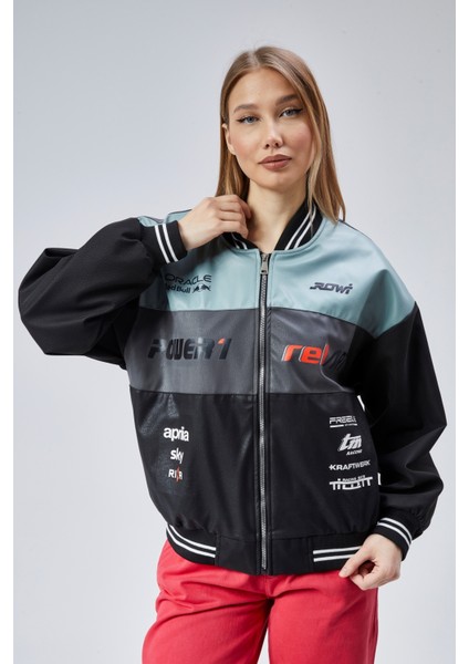 Kadın Oversize Baskılı Motorcu Yarışçı Montu Kolej Ceketi modelleri
