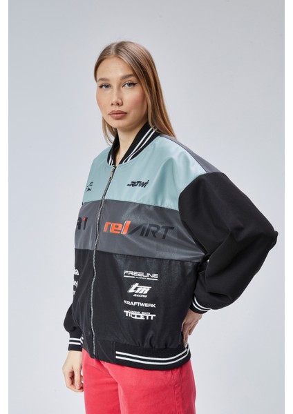 Kadın Oversize Baskılı Motorcu Yarışçı Montu Kolej Ceketi indirimleri