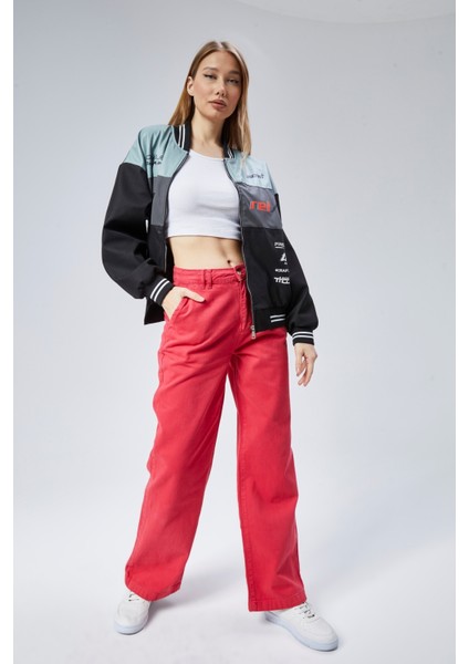 Kadın Oversize Baskılı Motorcu Yarışçı Montu Kolej Ceketi