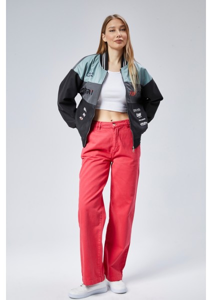 Kadın Oversize Baskılı Motorcu Yarışçı Montu Kolej Ceketi