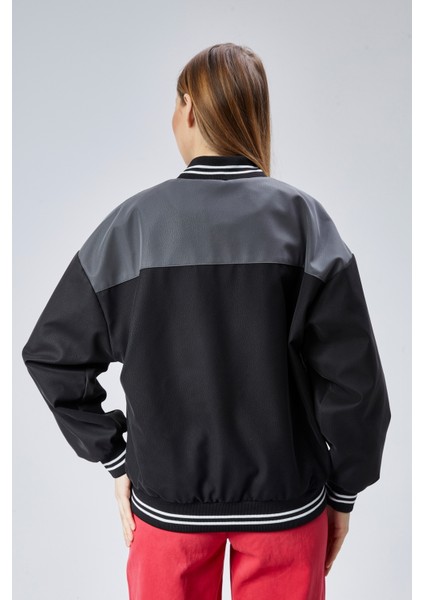 Kadın Oversize Baskılı Motorcu Yarışçı Montu Kolej Ceketi