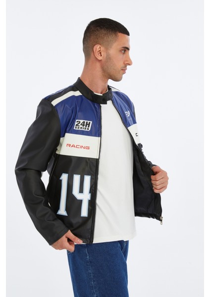 Erkek Oversize Şeritli Baskılı Deri Ceket Hakim Yaka Bomber Motorcu Montu Yarışçı Ceketi