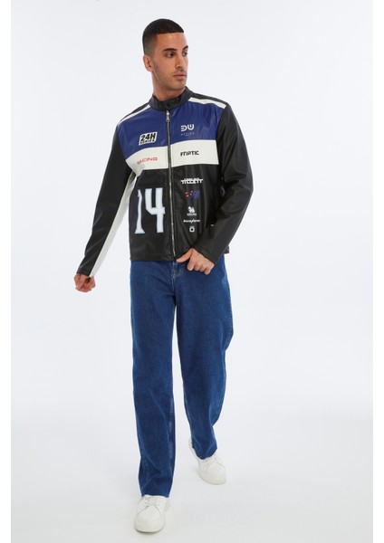 Erkek Oversize Şeritli Baskılı Deri Ceket Hakim Yaka Bomber Motorcu Montu Yarışçı Ceketi fiyatları