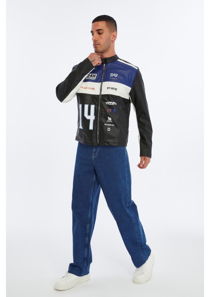 Erkek Oversize Şeritli Baskılı Deri Ceket Hakim Yaka Bomber Motorcu Montu Yarışçı Ceketi modelleri