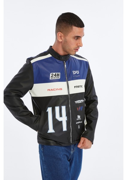 Erkek Oversize Şeritli Baskılı Deri Ceket Hakim Yaka Bomber Motorcu Montu Yarışçı Ceketi fırsatları