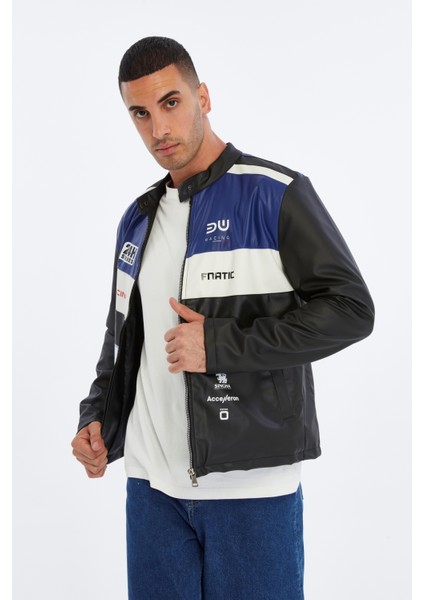 Erkek Oversize Şeritli Baskılı Deri Ceket Hakim Yaka Bomber Motorcu Montu Yarışçı Ceketi