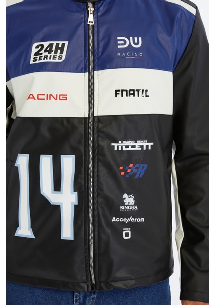 Erkek Oversize Şeritli Baskılı Deri Ceket Hakim Yaka Bomber Motorcu Montu Yarışçı Ceketi