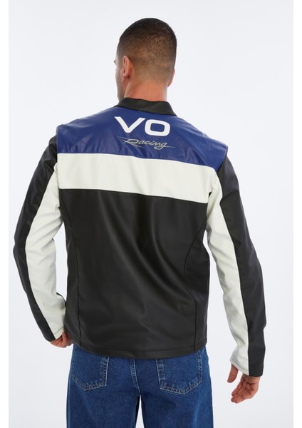 Erkek Oversize Şeritli Baskılı Deri Ceket Hakim Yaka Bomber Motorcu Montu Yarışçı Ceketi