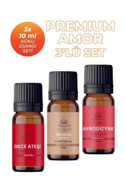 Premium Amor Oda Kokusu 3'lü Set- Doğal Esansiyel Uçucu Yağ, Difüzör Esansı, Buhurdanlık Yağı