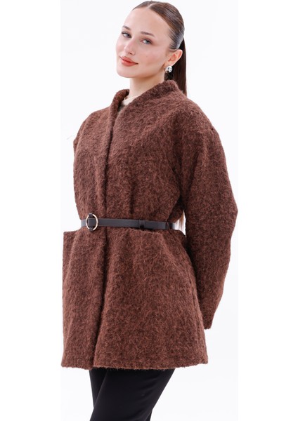 Sıcak Tutan Kadın Kaşe Kaban Astarlı-Kemerli-Çıtçıtlı