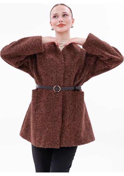 Sıcak Tutan Kadın Kaşe Kaban Astarlı-Kemerli-Çıtçıtlı