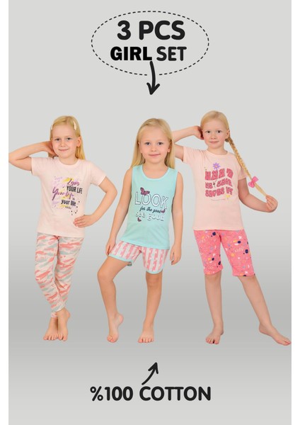 Kız Çocuk 3'lü %100 Pamuklu 1-2-3 Yaş Pijama Takımı MODEL:130