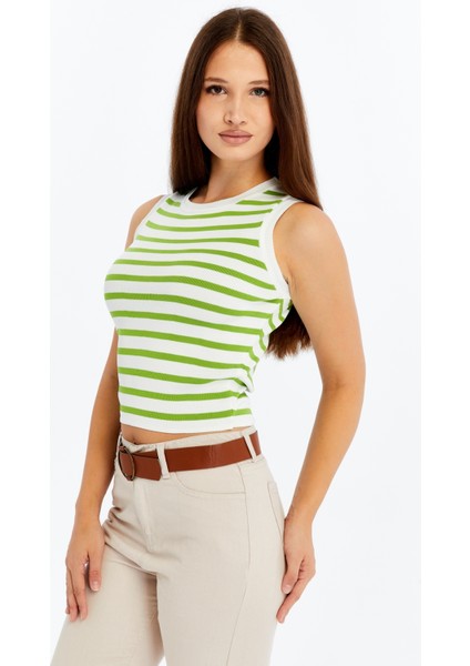 Kadın Çizgili Triko Kare Yaka Crop Atlet – Yeşil Beyaz Askılı Bluz