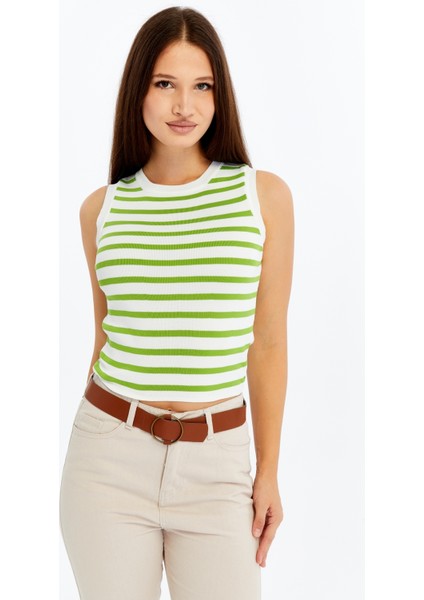 Kadın Çizgili Triko Kare Yaka Crop Atlet – Yeşil Beyaz Askılı Bluz fiyatları