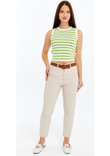 Kadın Çizgili Triko Kare Yaka Crop Atlet – Yeşil Beyaz Askılı Bluz modelleri