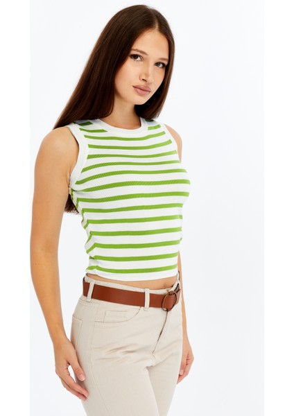 Kadın Çizgili Triko Kare Yaka Crop Atlet – Yeşil Beyaz Askılı Bluz fırsatları