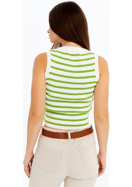 Kadın Çizgili Triko Kare Yaka Crop Atlet – Yeşil Beyaz Askılı Bluz