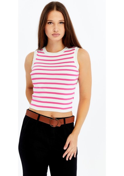 Kadın Çizgili Triko Kare Yaka Crop Atlet – Pembe Beyaz Askılı Bluz fiyatları