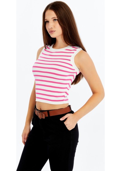 Kadın Çizgili Triko Kare Yaka Crop Atlet – Pembe Beyaz Askılı Bluz fırsatları