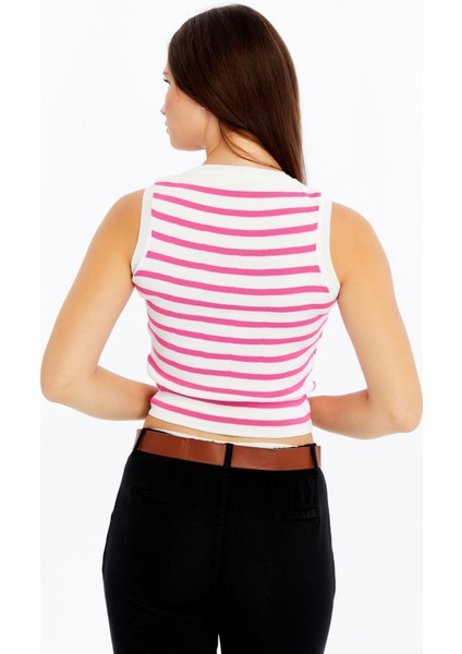 Kadın Çizgili Triko Kare Yaka Crop Atlet – Pembe Beyaz Askılı Bluz