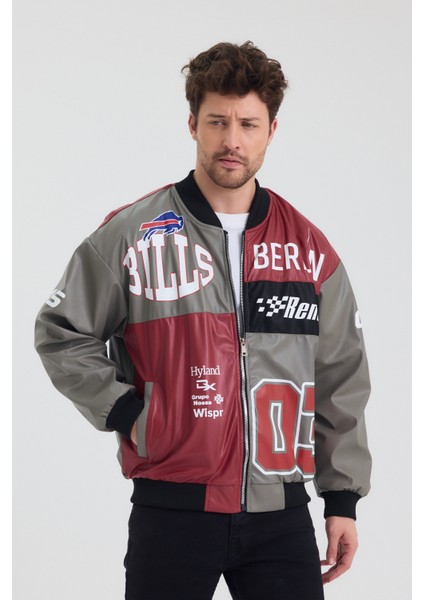 Erkek Oversize Deri Garnili Baskılı Motorcu Montu Kolej Ceketi Bomber Günlük Mont