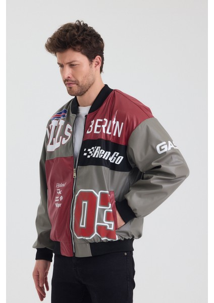 Erkek Oversize Deri Garnili Baskılı Motorcu Montu Kolej Ceketi Bomber Günlük Mont fırsatları