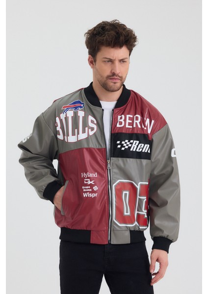 Erkek Oversize Deri Garnili Baskılı Motorcu Montu Kolej Ceketi Bomber Günlük Mont indirimleri