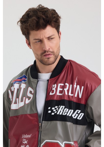 Erkek Oversize Deri Garnili Baskılı Motorcu Montu Kolej Ceketi Bomber Günlük Mont