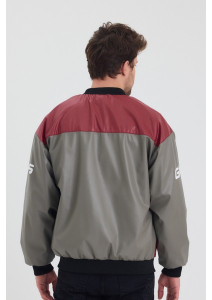 Erkek Oversize Deri Garnili Baskılı Motorcu Montu Kolej Ceketi Bomber Günlük Mont