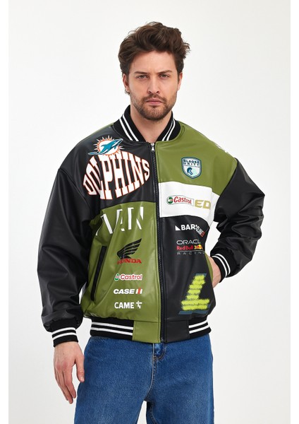 Erkek Oversize Baskılı Deri Motorcu Montu Fermuarlı Yarışçı Ceket Astarlı Bomber Kolej Mont