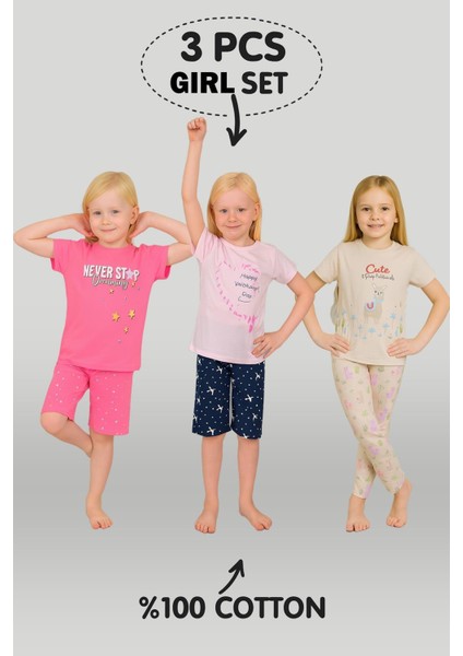 Kız Çocuk 3'lü %100 Pamuklu 13-14-15 Yaş Pijama Takımı MODEL:117