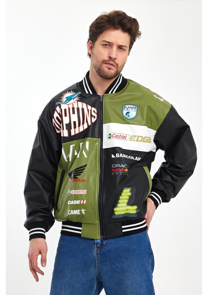 Erkek Oversize Baskılı Deri Motorcu Montu Fermuarlı Yarışçı Ceket Astarlı Bomber Kolej Mont fırsatları