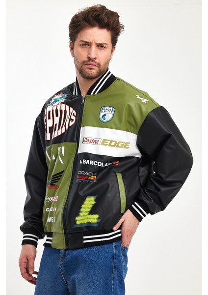 Erkek Oversize Baskılı Deri Motorcu Montu Fermuarlı Yarışçı Ceket Astarlı Bomber Kolej Mont indirimleri