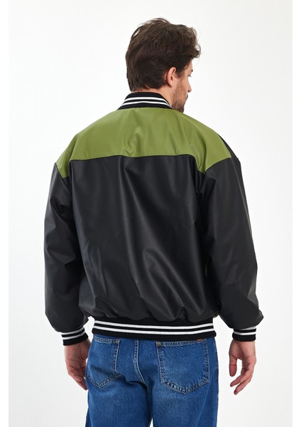 Erkek Oversize Baskılı Deri Motorcu Montu Fermuarlı Yarışçı Ceket Astarlı Bomber Kolej Mont