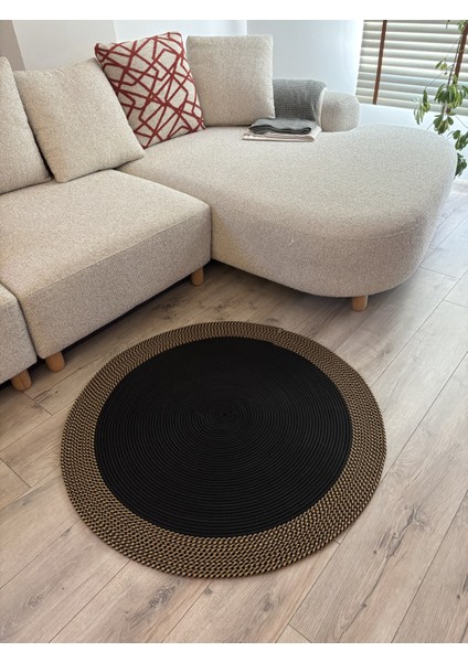 Dahlia Yuvarlak Jüt Halı – Siyah ve Doğal Renkli Örgü El Dokuması Kilim fiyatları