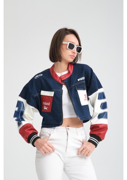 Kadın Oversize Baskılı Kolları Deri Beden Kot Ceket Motorcu Yarışçı Mont Ceket