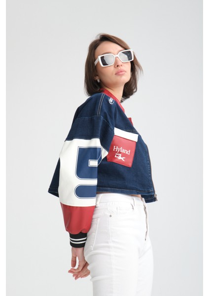 Kadın Oversize Baskılı Kolları Deri Beden Kot Ceket Motorcu Yarışçı Mont Ceket fiyatları