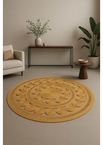 Double Dsy El Işçiliği Özel Tasarım Yuvarlak Hasır Kilim – Zamansız ve Prestijli Dekor Halı Kilim