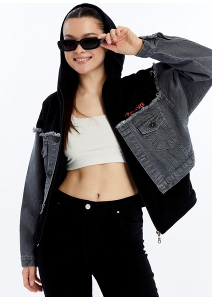 Kadın Oversize Penye ve Kot Garnili Ceket Fermuarlı Kolej Mont Baskılı Günlük Kullanım Kot Ceket