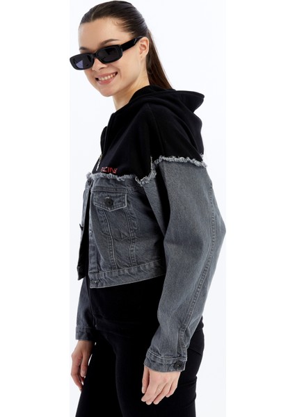 Kadın Oversize Penye ve Kot Garnili Ceket Fermuarlı Kolej Mont Baskılı Günlük Kullanım Kot Ceket modelleri