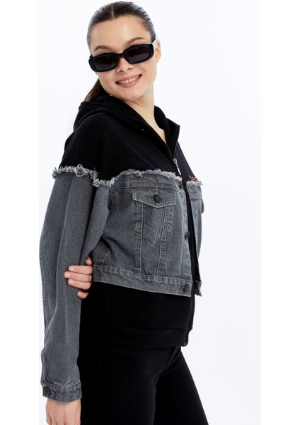 Kadın Oversize Penye ve Kot Garnili Ceket Fermuarlı Kolej Mont Baskılı Günlük Kullanım Kot Ceket fırsatları