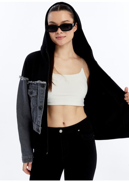 Kadın Oversize Penye ve Kot Garnili Ceket Fermuarlı Kolej Mont Baskılı Günlük Kullanım Kot Ceket indirimleri