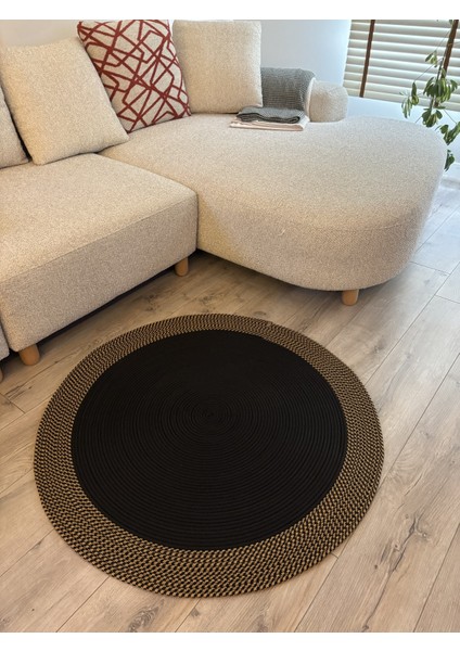 Dahlia Yuvarlak Jüt Halı – Siyah ve Doğal Renkli Örgü El Dokuması Kilim