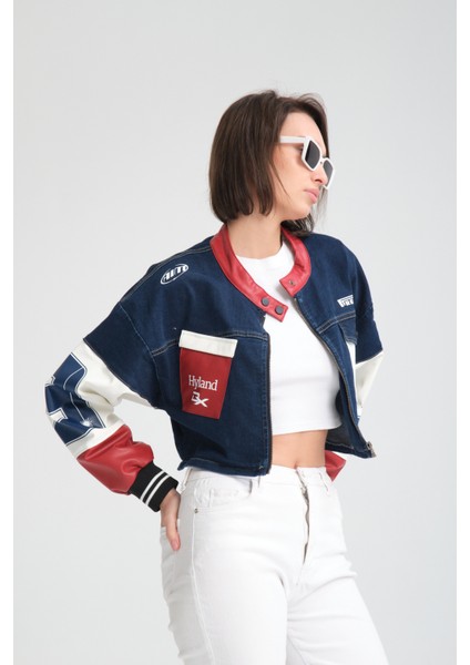 Kadın Oversize Baskılı Kolları Deri Beden Kot Ceket Motorcu Yarışçı Mont Ceket fırsatları